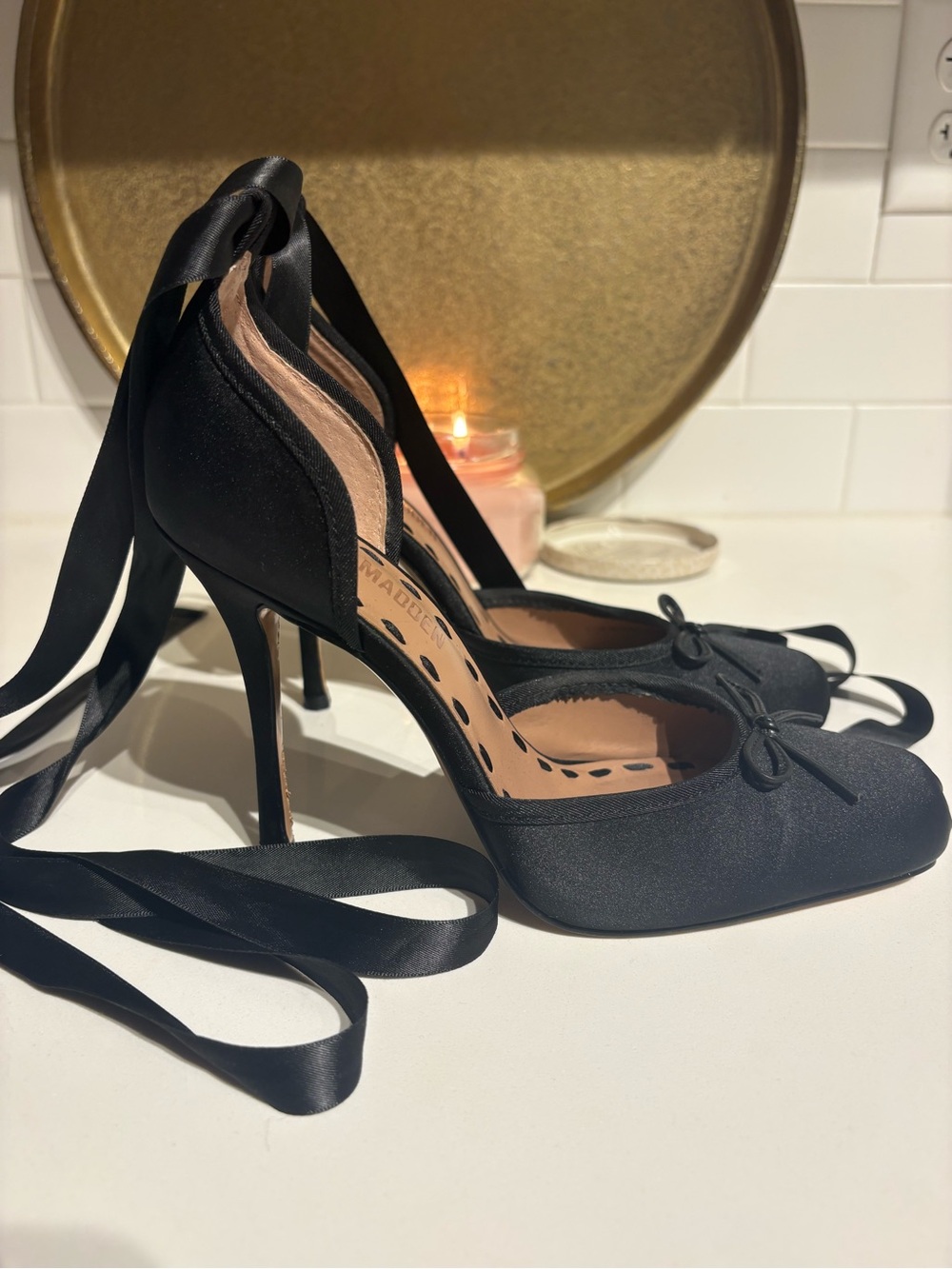 Steve Madden Black Satin Lace-Up Square-Toe Pumps - Picture 2 of 3